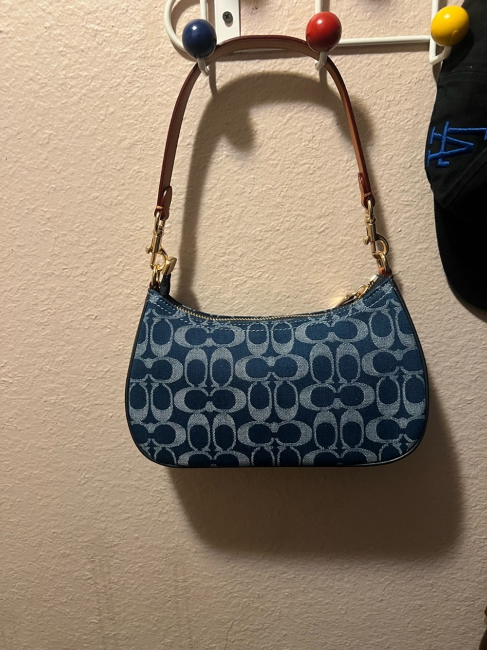 Coach Blue Signature Jacquard Shoulder Bag with Brown Strap - Picture 2 of 2